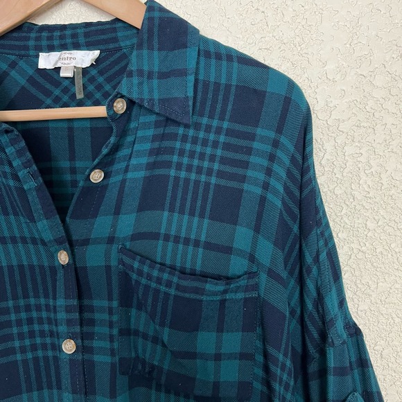 Entro Plaid Flannel Long Button Down Top Womens Small Green Black Pockets Tunic - Picture 4 of 11
